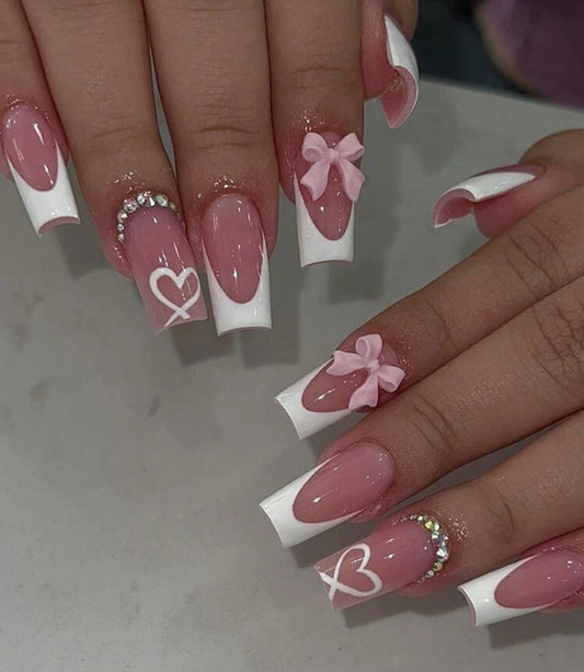Pink French Tip Bow and Heart Nails