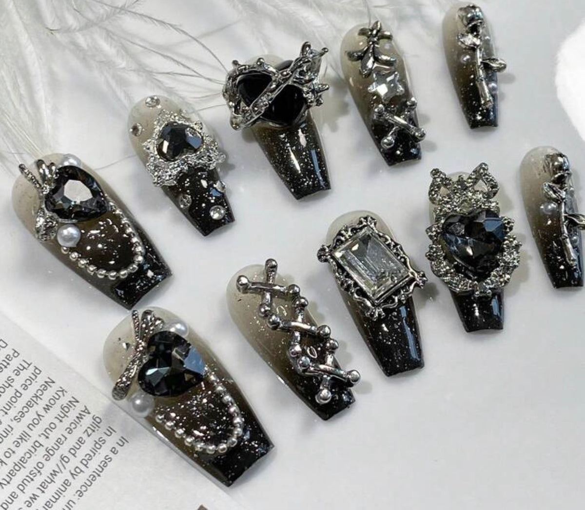 Gothic Silver & Black Rhinestone Coffin Press-On Handmade Nails