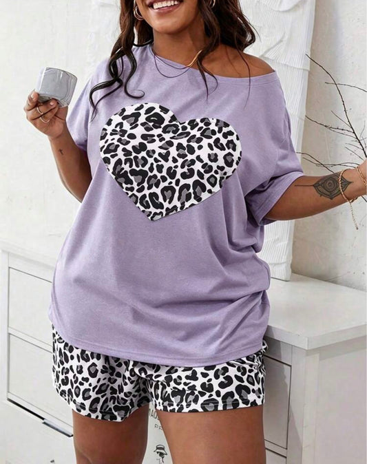 Curve Leopard Heart Graphic Off-The-Shoulder Lounge Set