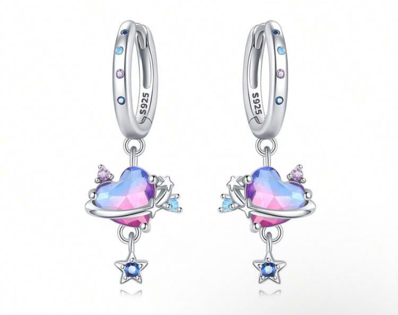 925 Sterling Silver Blue And Pink Heart Dangle Earrings