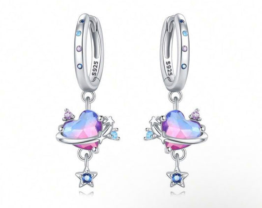 925 Sterling Silver Blue And Pink Heart Dangle Earrings