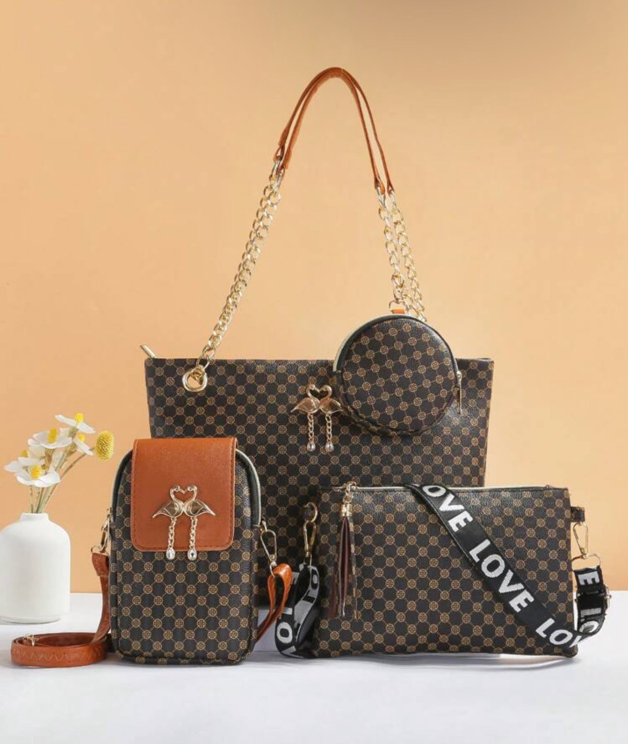 4 Piece Checkered Flamingo Bags