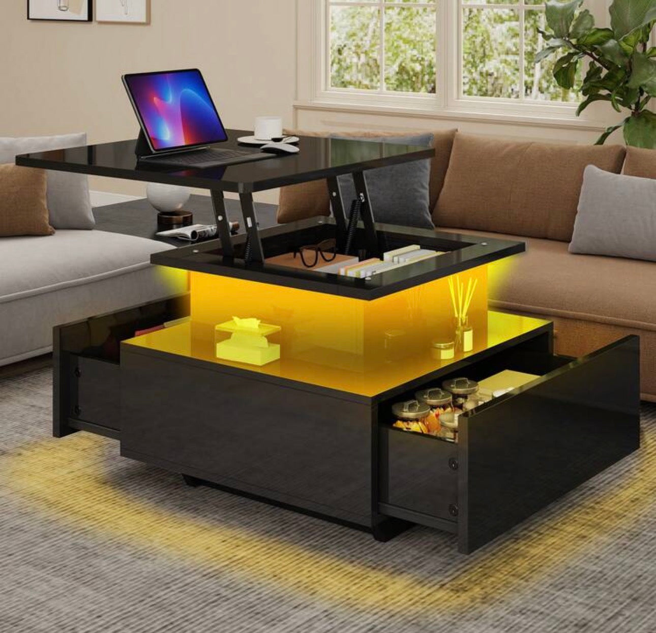 Modern Lift-Top Coffee Table with LED Lighting and Storage Drawers