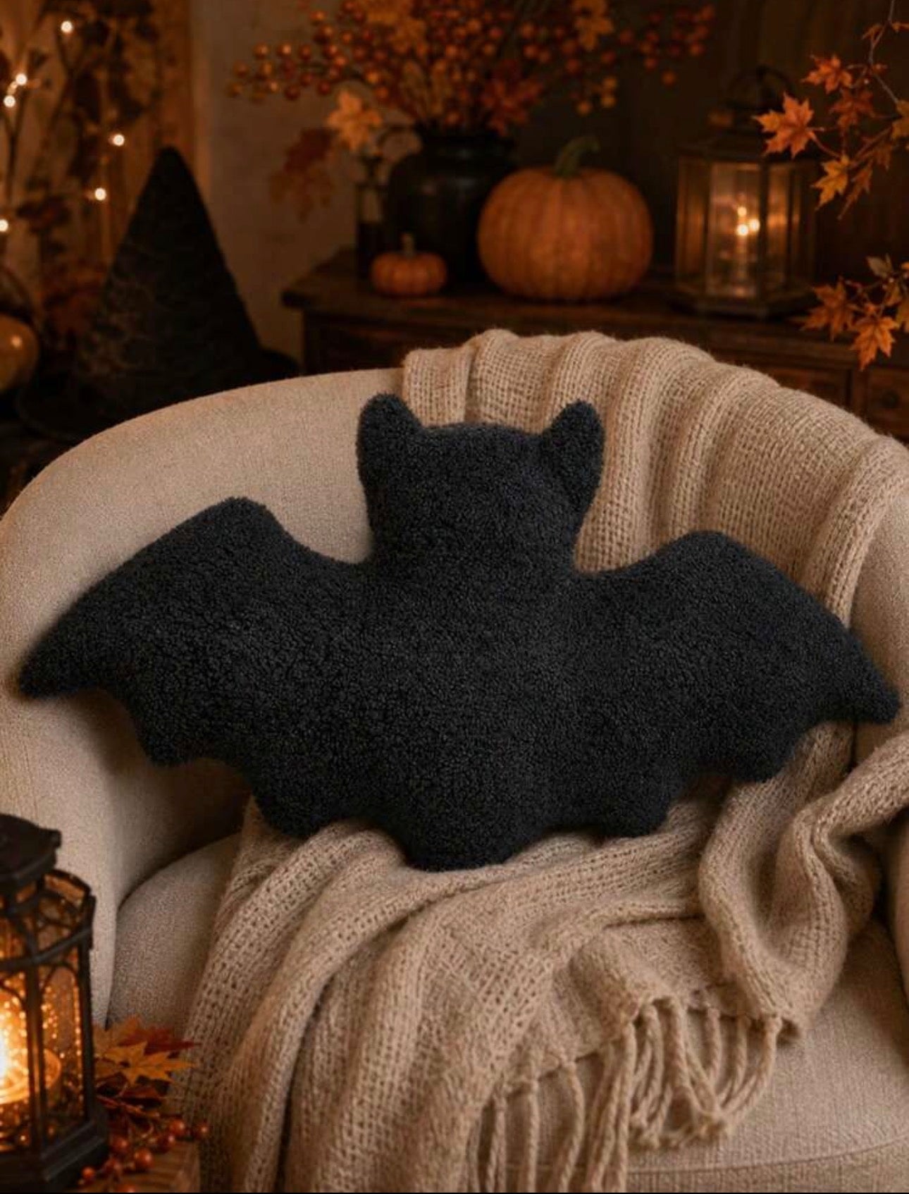 Cozy Bouclé Bat Shaped Throw Pillow
