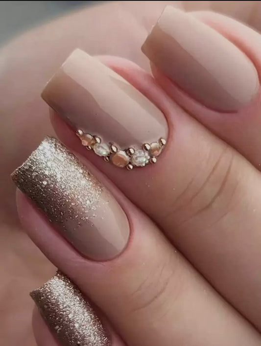 Nude & Champagne Gold Glitter Press-On Nails with Rhinestone Cuticle Accent