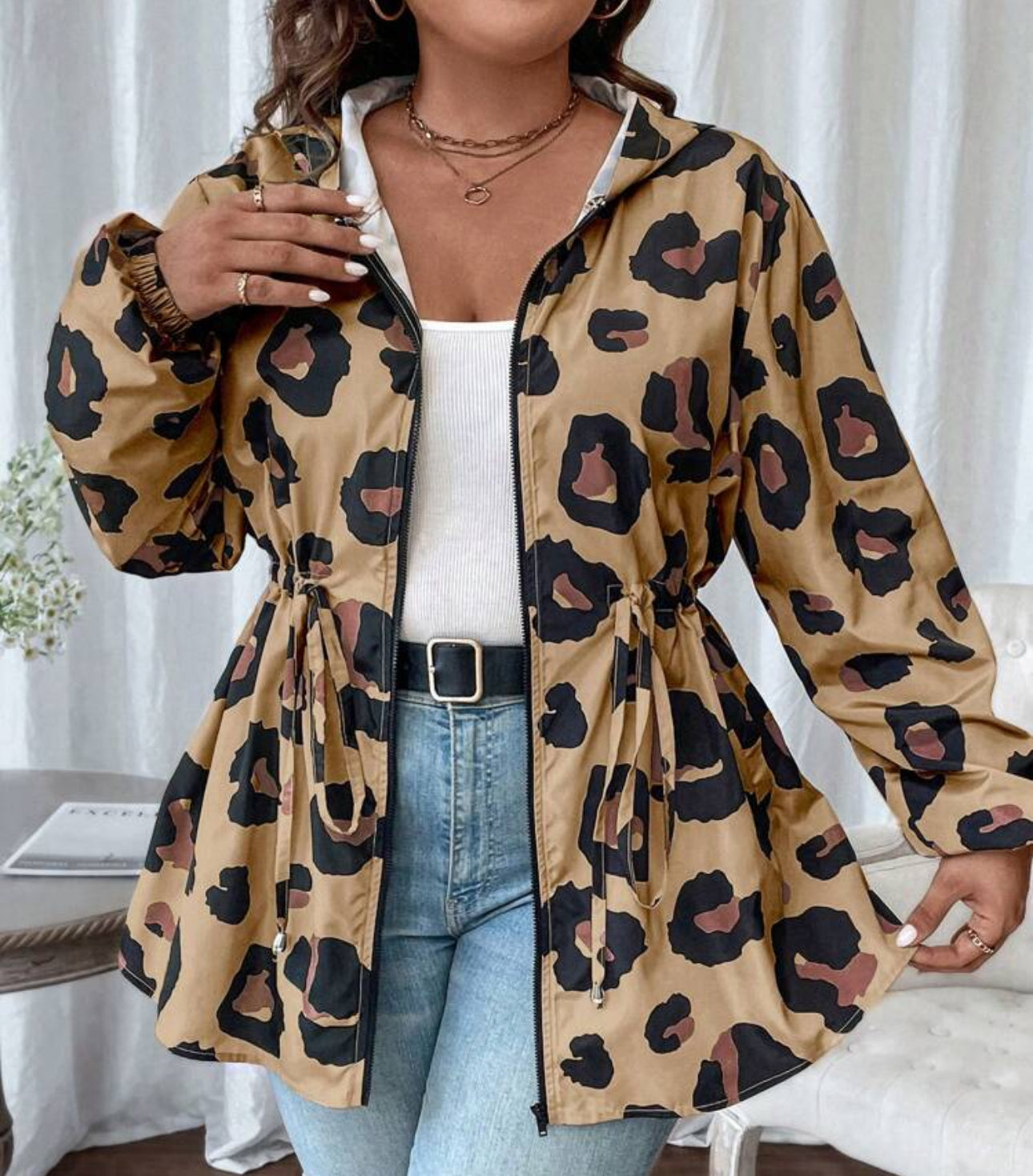 Curve Leopard Print Drawstring Coat