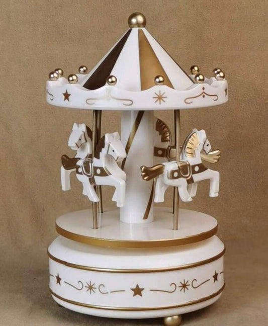 White & Gold Carousel Music Box