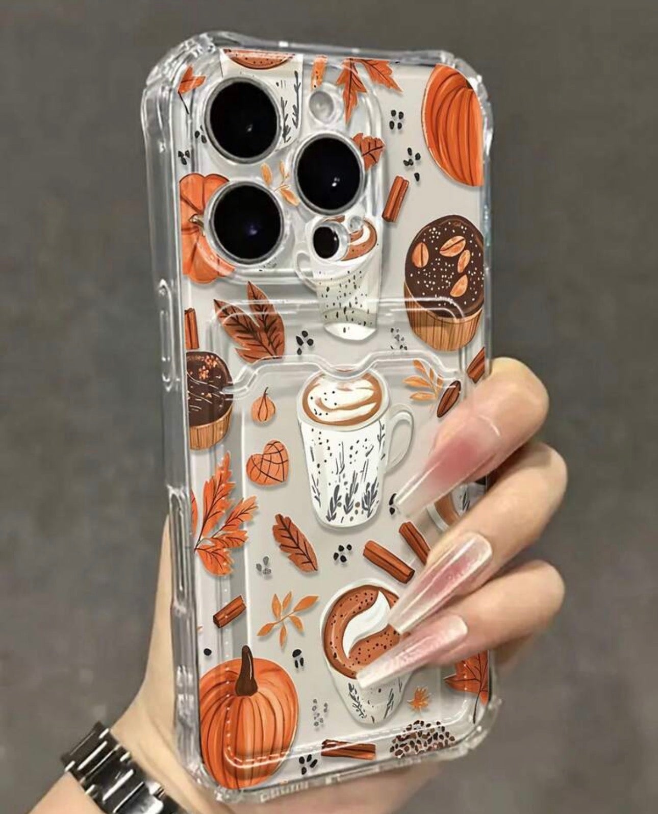 Cozy Autumn Coffee & Pumpkin Clear iPhone Case with Card Holder