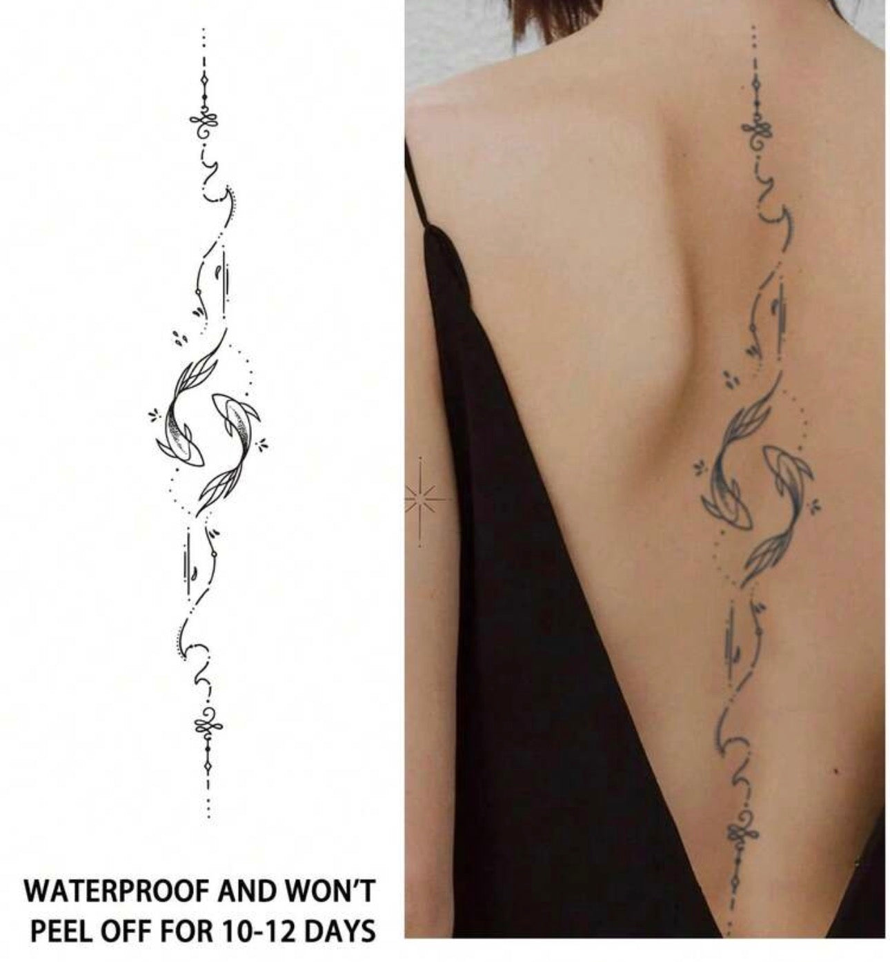 Minimalist Pisces Koi Fish Spine Temporary Tattoo