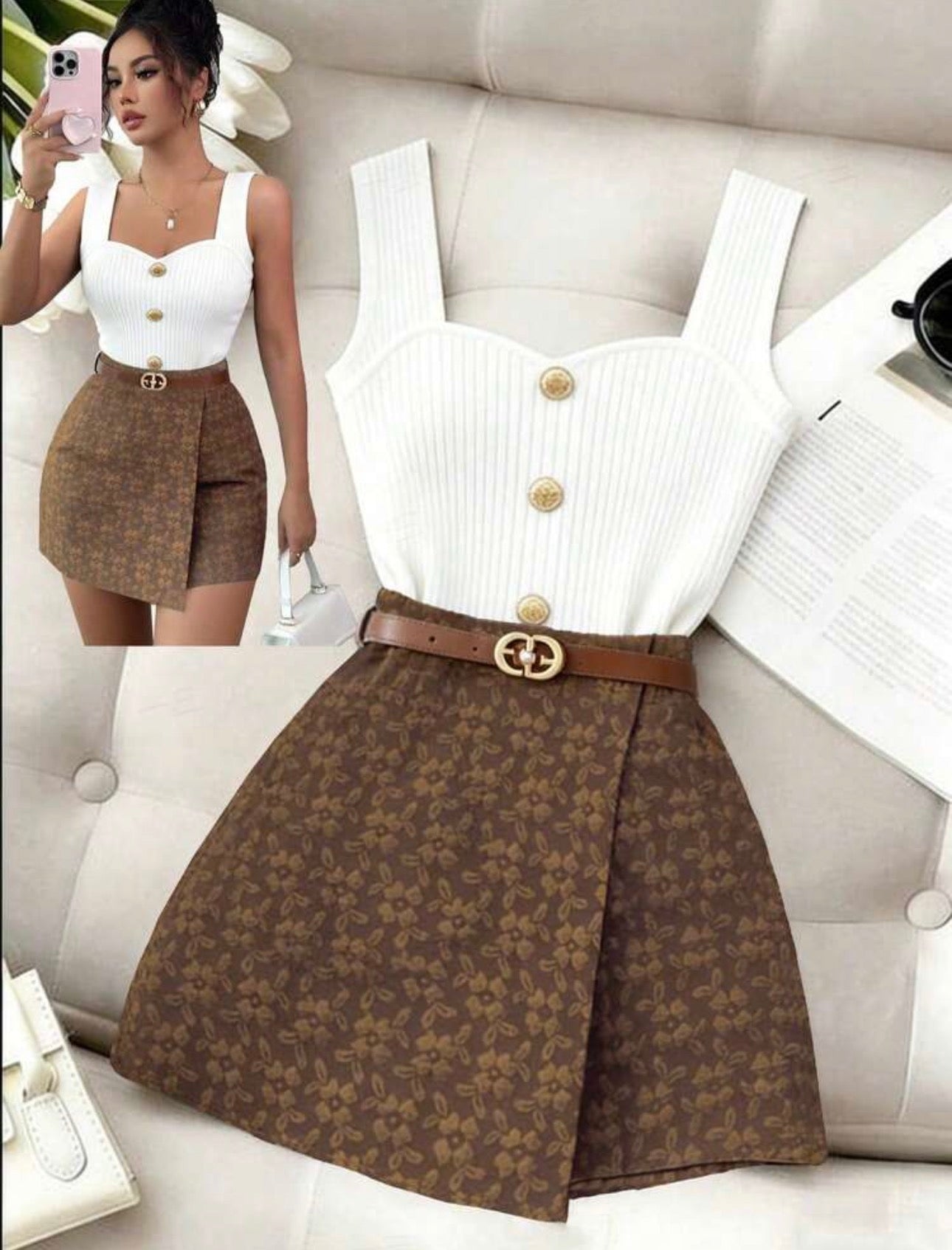 Ribbed Knit Button Tank & Floral Wrap Skort Set