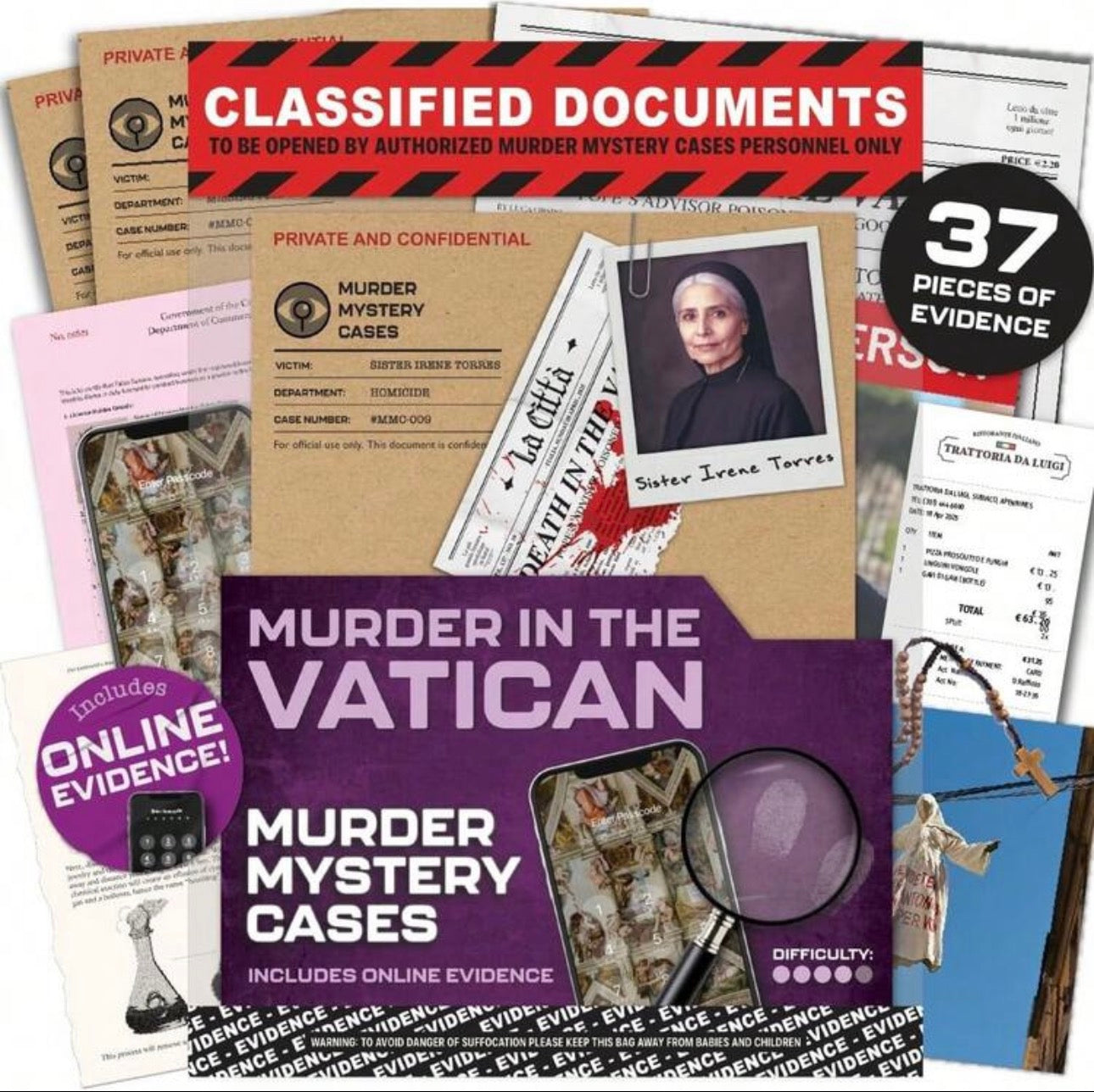 Murder Mystery Cases: Murder in the Vatican Detective Game (37 Pieces of Evidence)