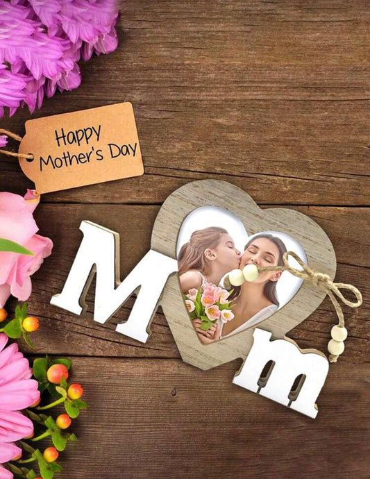 Rustic Wooden "MOM" Heart Photo Frame with Floral Accents