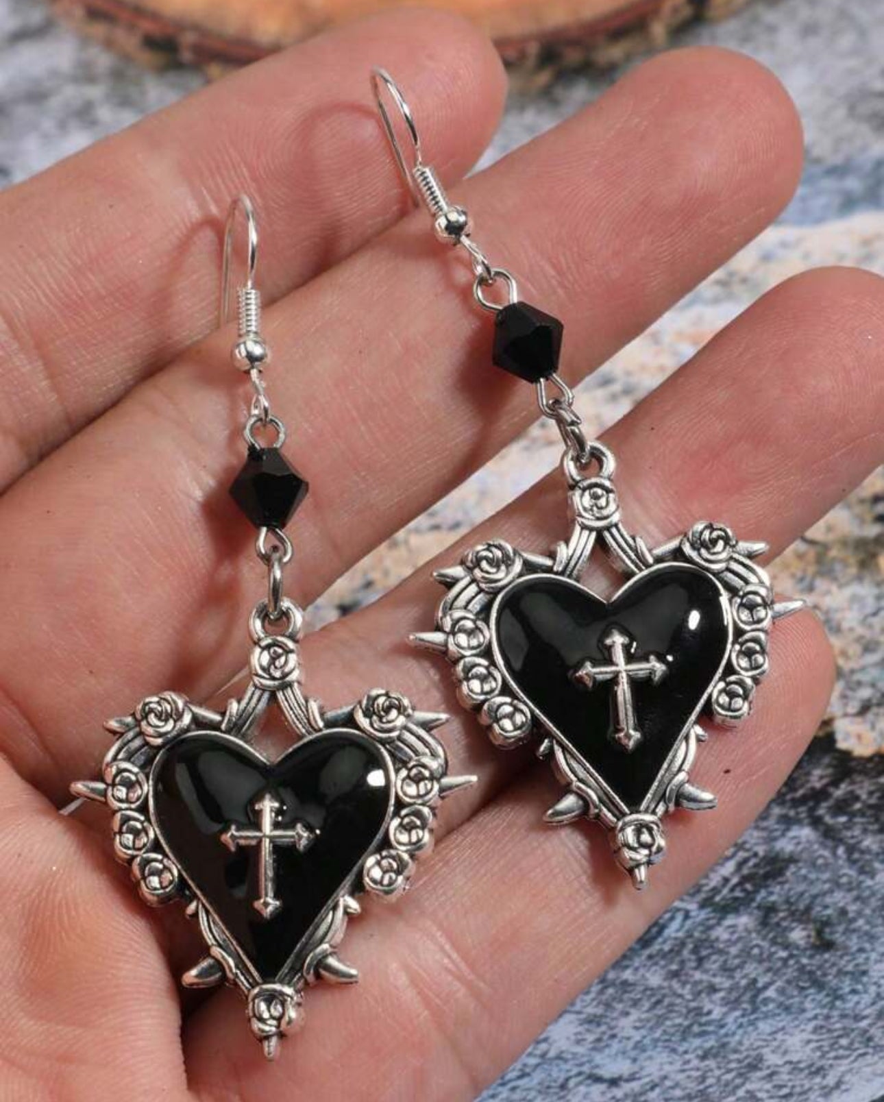 Black Heart Cross Dangle Earrings