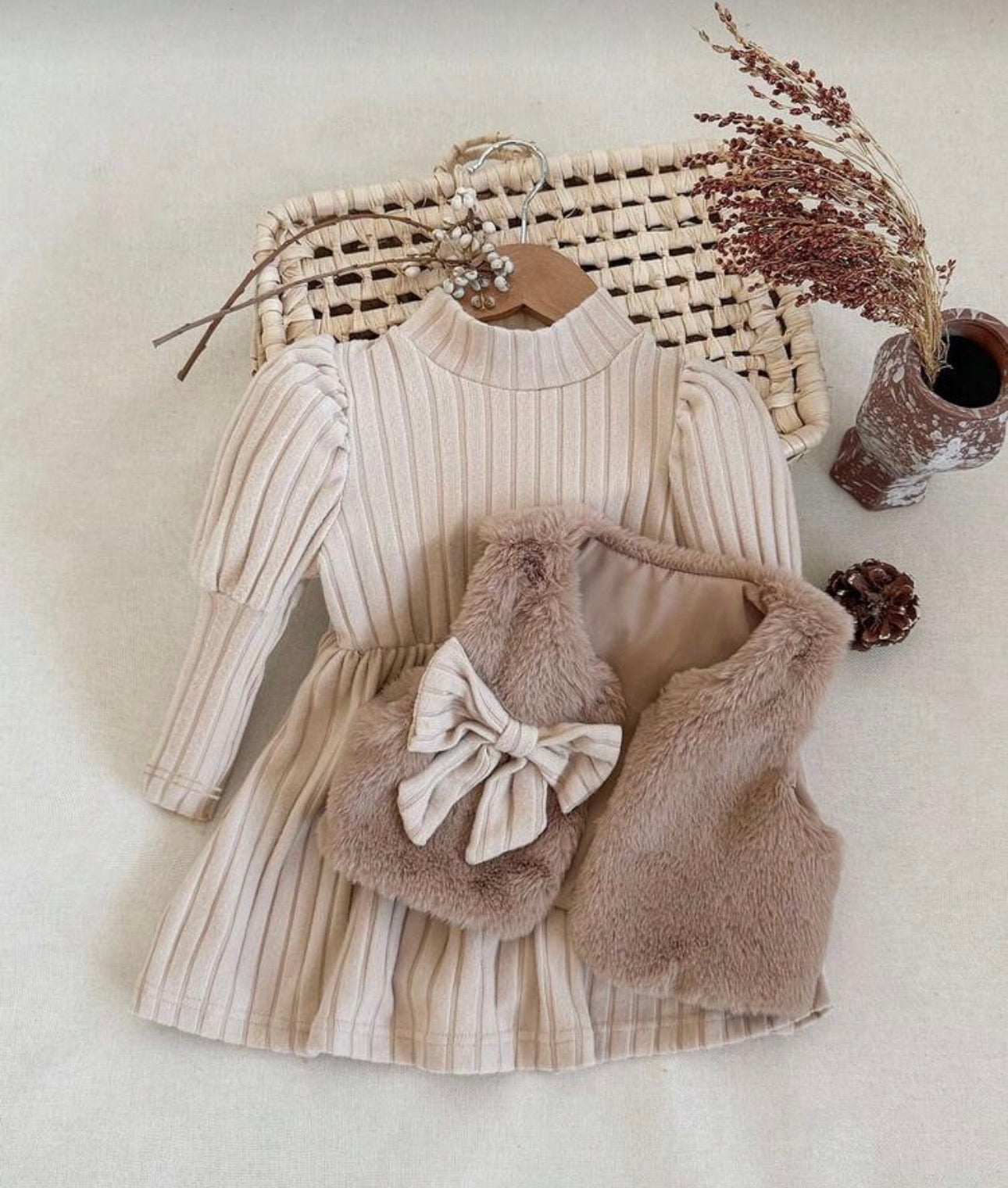 Little Luxe Ribbed Mock-Neck Dress & Faux Fur Vest Set