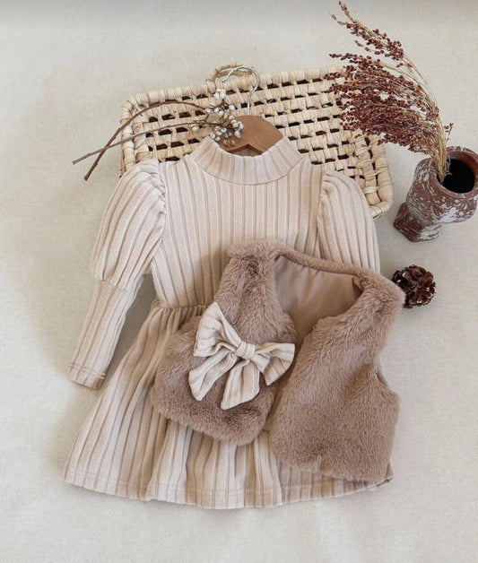 Little Luxe Ribbed Mock-Neck Dress & Faux Fur Vest Set