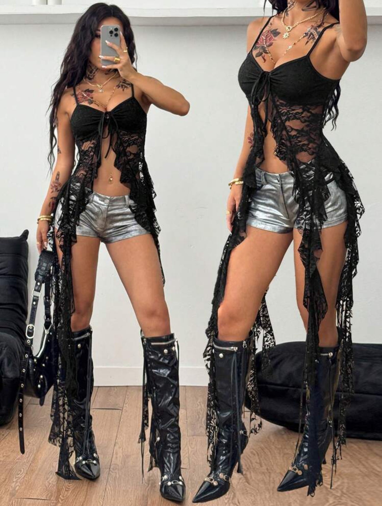 Black Mesh Cut Out Long Tank Top