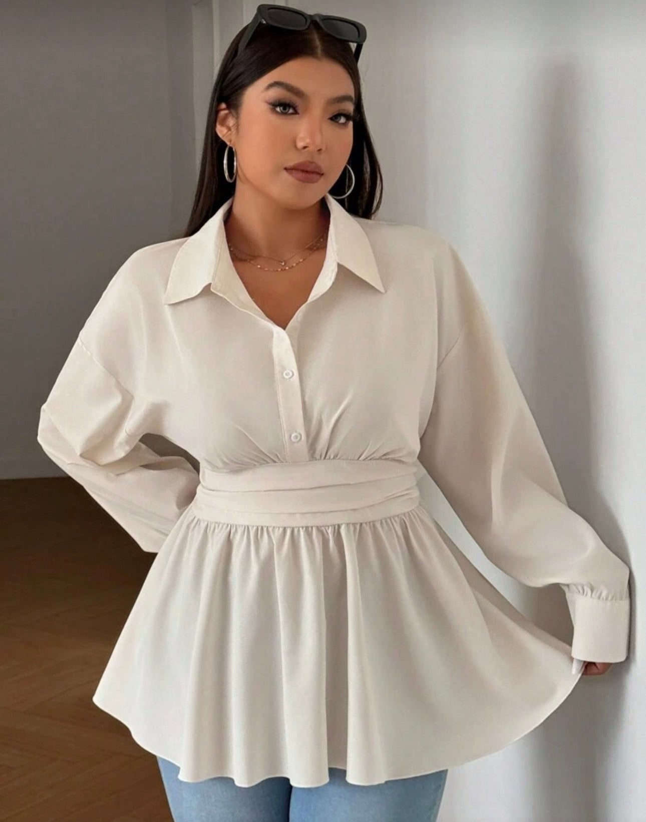 Curve Elegant Cinched-Waist Peplum Button-Down Blouse