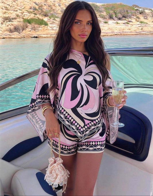 Geometric Abstract Print Poncho Top & Shorts Two-Piece Set