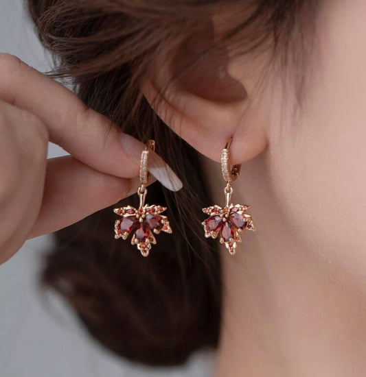 Autumn Maple Leaf Garnet Huggie Drop Earrings