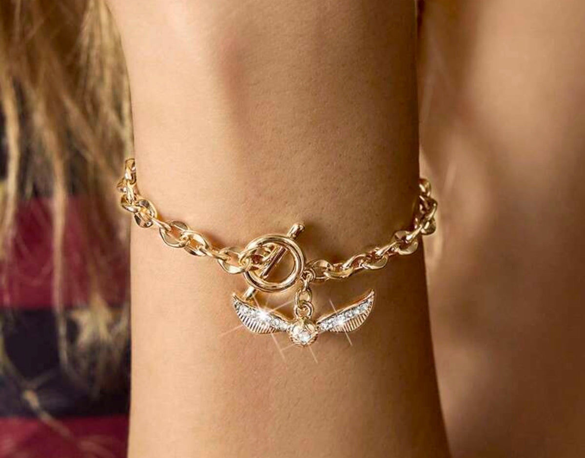 Golden Snitch Crystal Wings Charm Toggle Chain Bracelet
