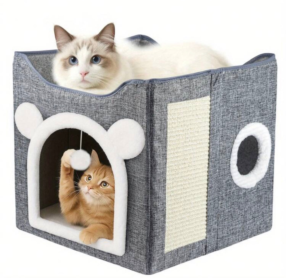 2-in-1 Foldable Cube Cat House with Scratching Pad & Hanging Plush Ball