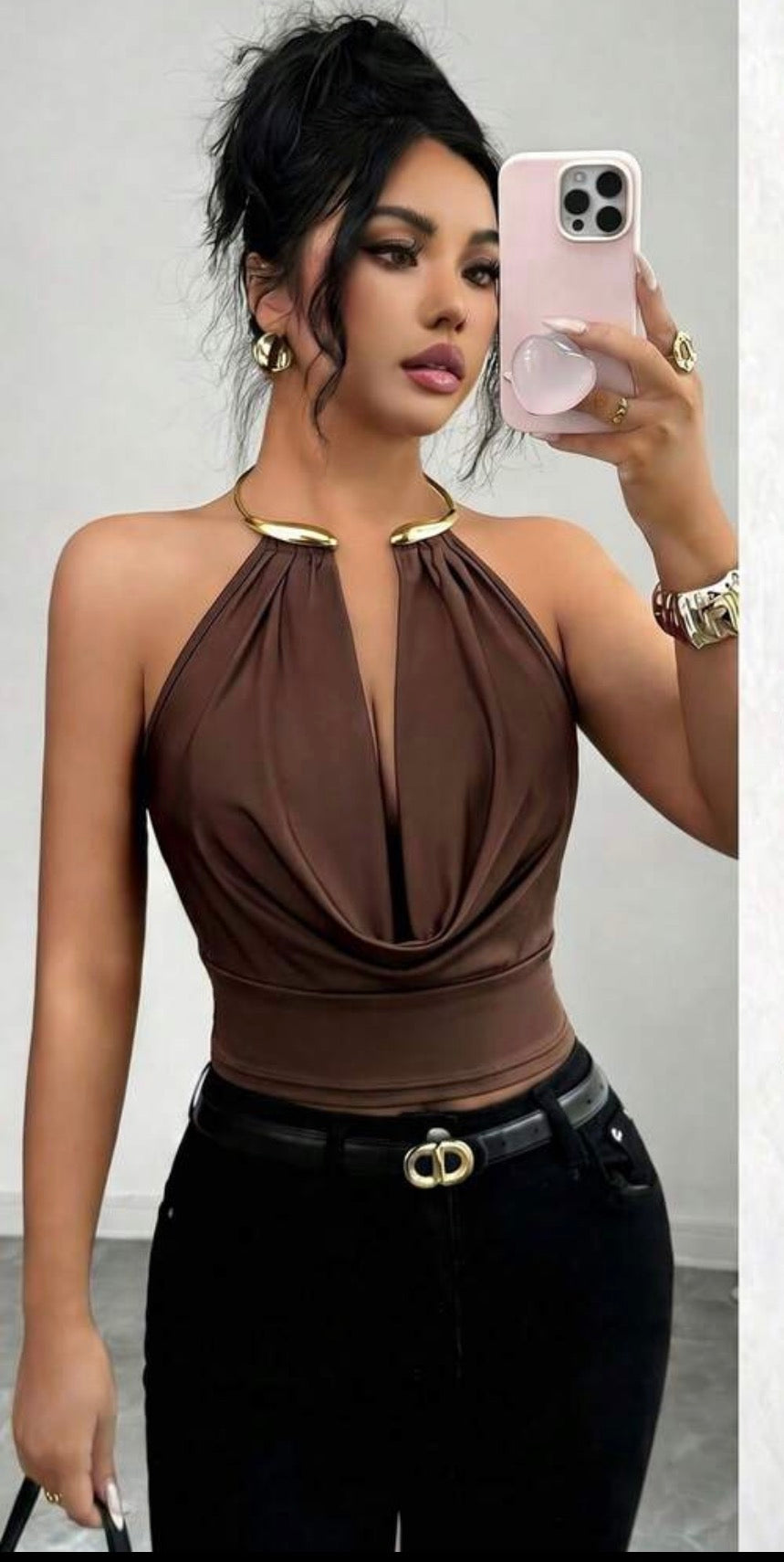Metallic Accent Halter Neck Cowl Top