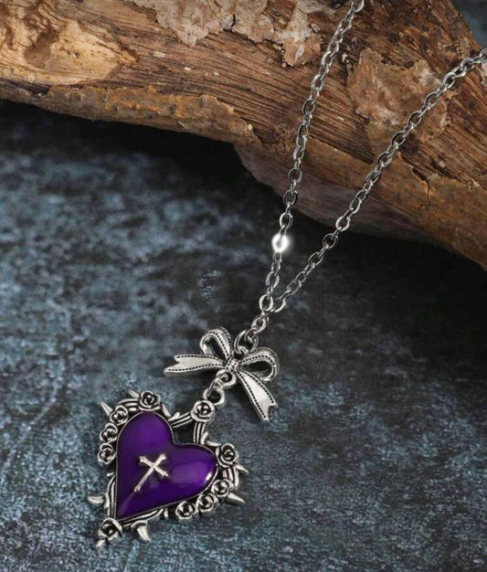 Purple Heart and Cross Gothic Necklace