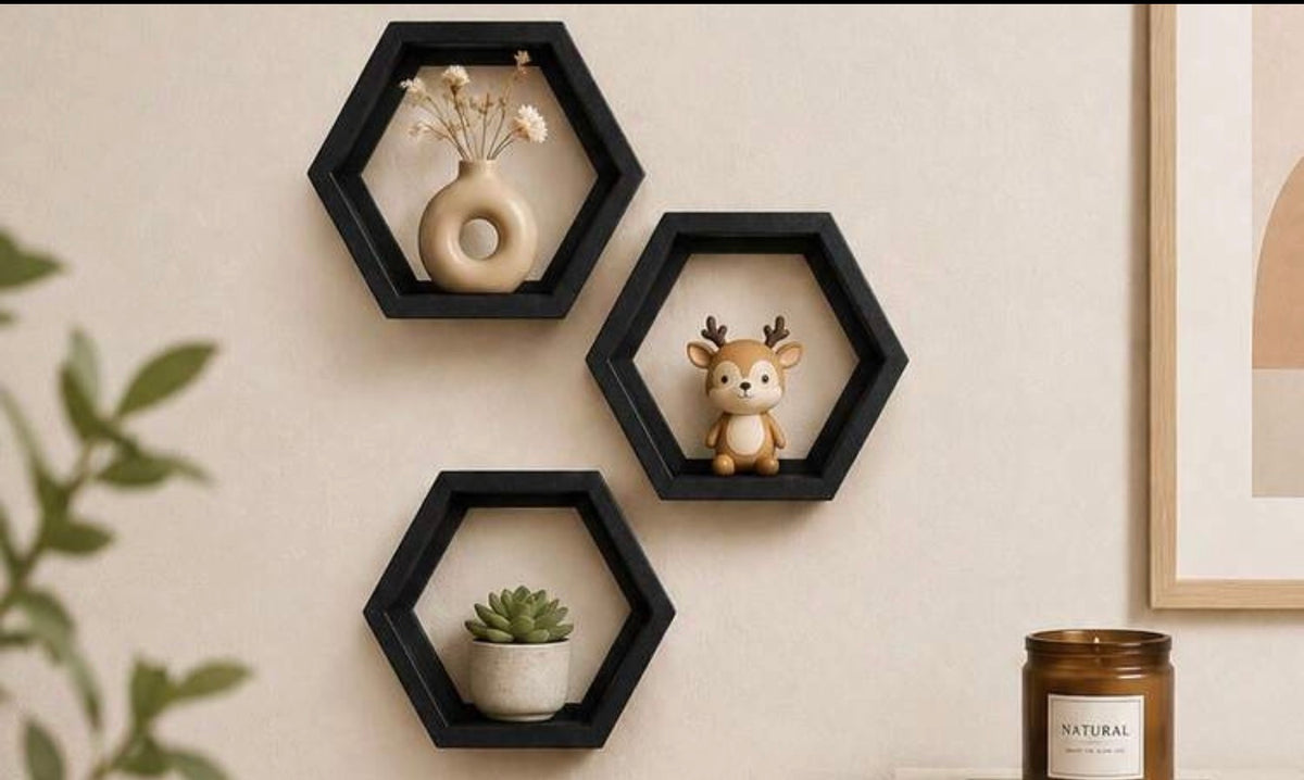 Set of 3 Modern Black Honeycomb Wall Shelves