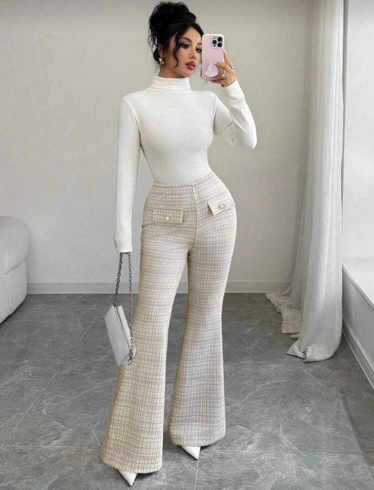 Elastic Waist Clinching Plaid Trousers