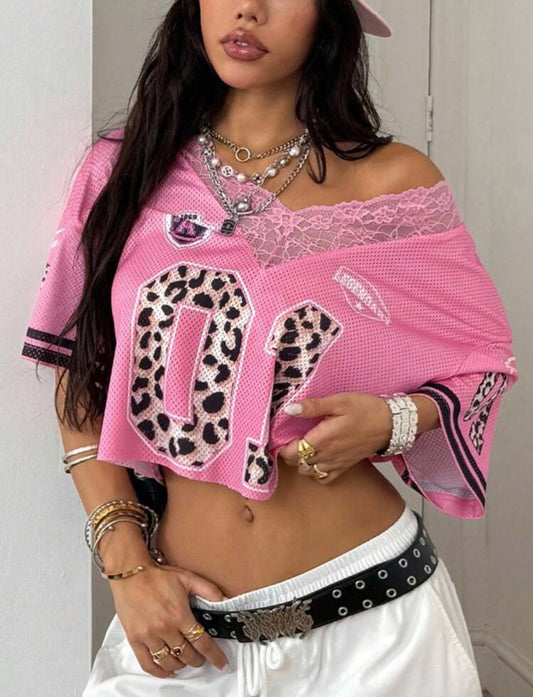 Pink V Neck Cropped Jersey Top