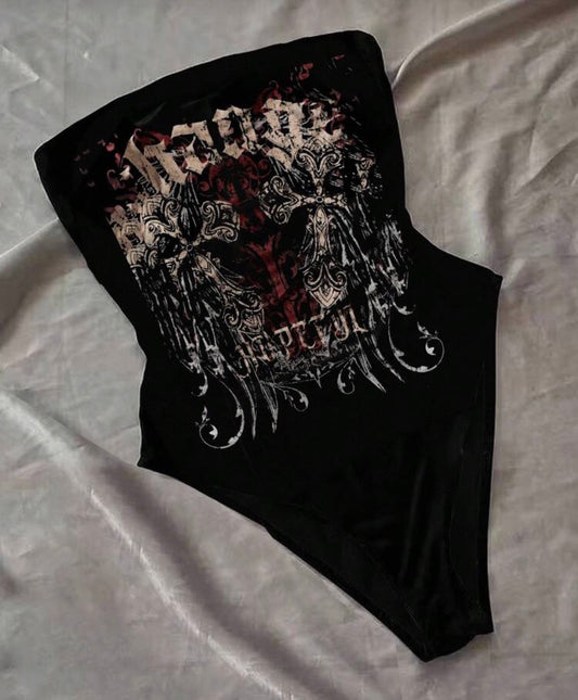 Vintage-Inspired Gothic Cross Graphic Tube Bodysuit