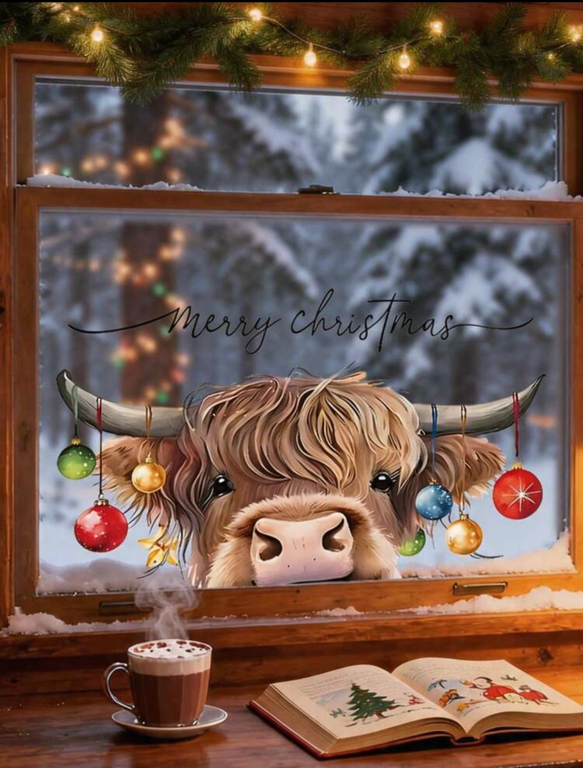 Highland Cow Christmas Window Sticker