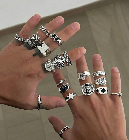 20 Piece Gothic Mens Silver Ring Set