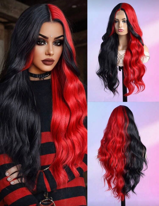 Black and Red Two Tone 28 Inch Wig