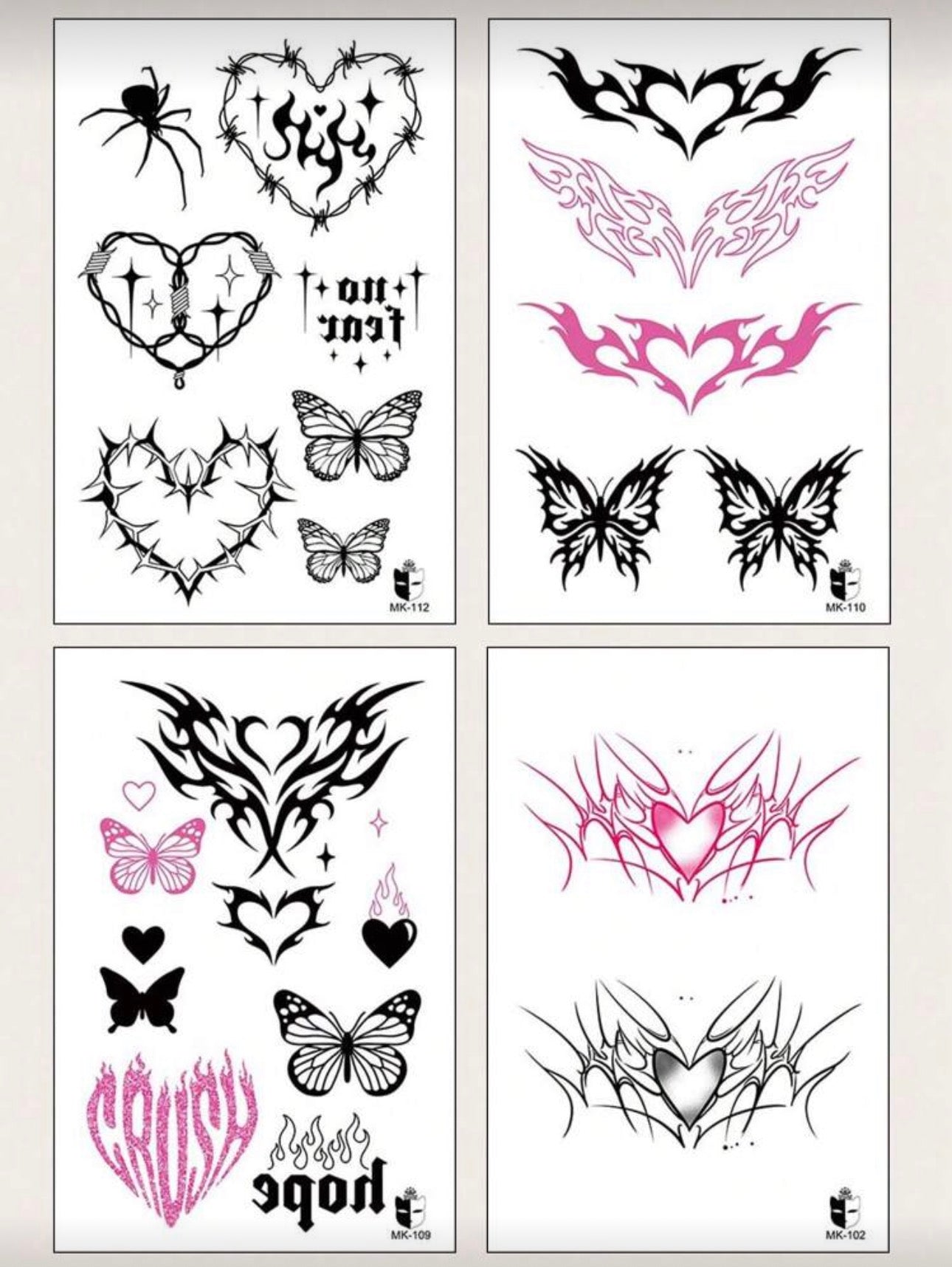 4 Piece Black And Pink Temporary Tattoos