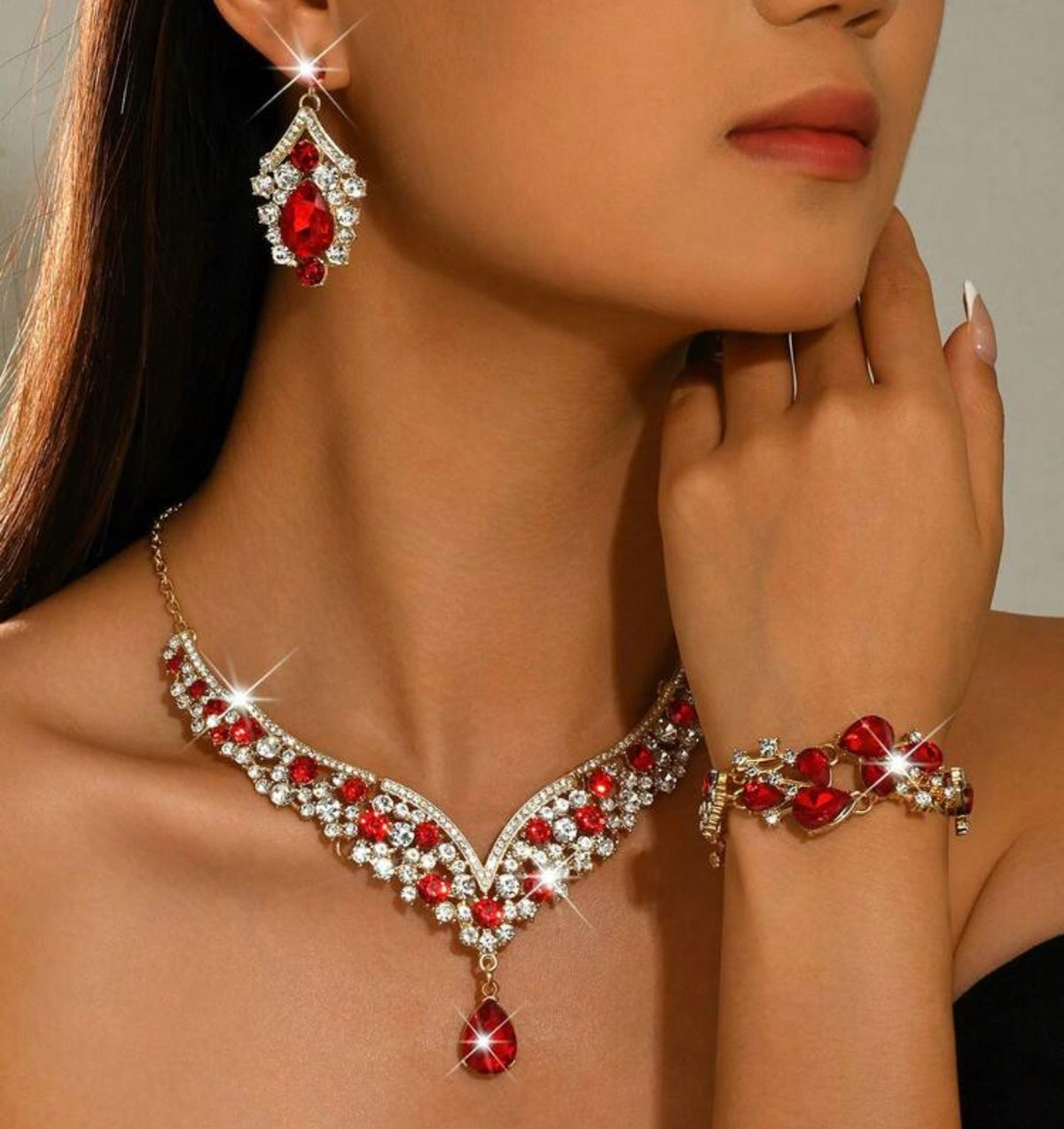 Red & Crystal Statement Jewellery Set
