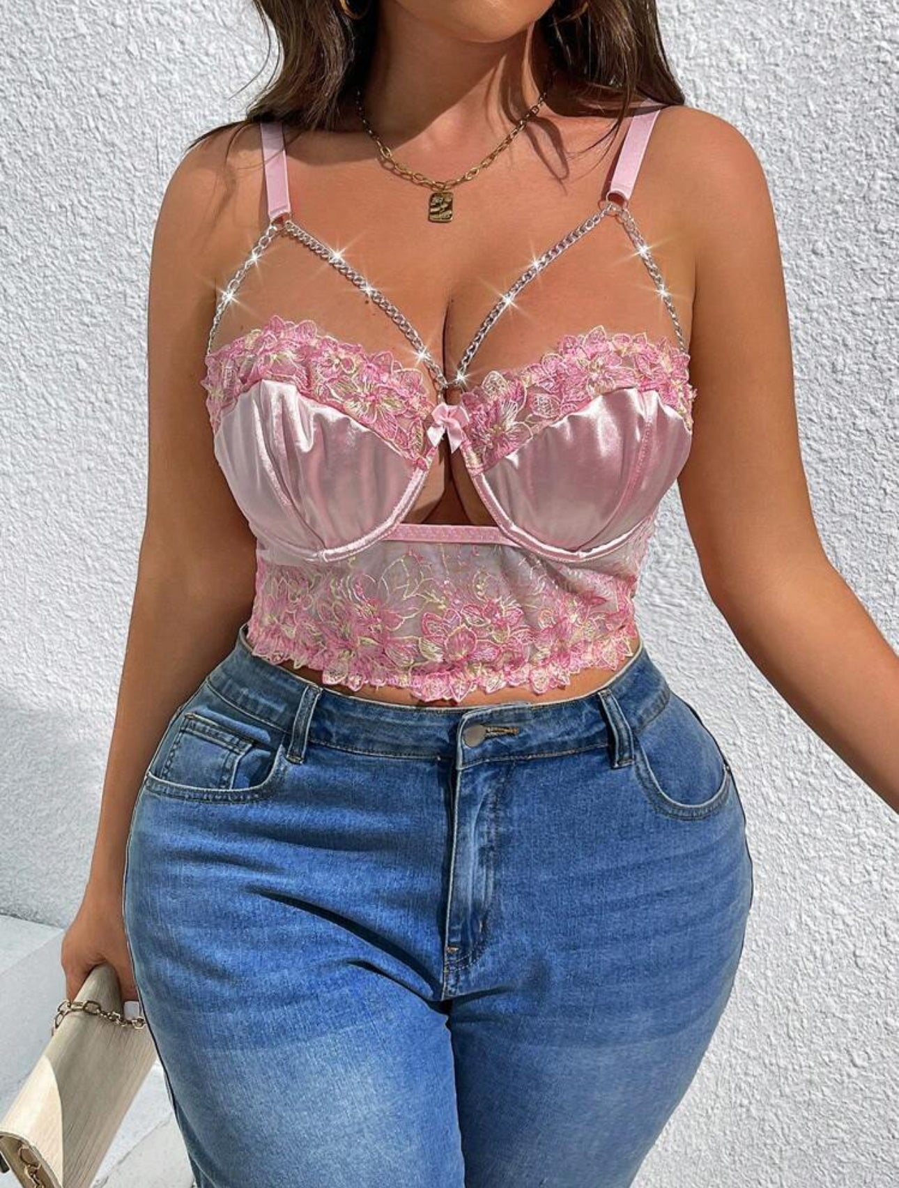 Curve Pink Lace and Chain Bralette