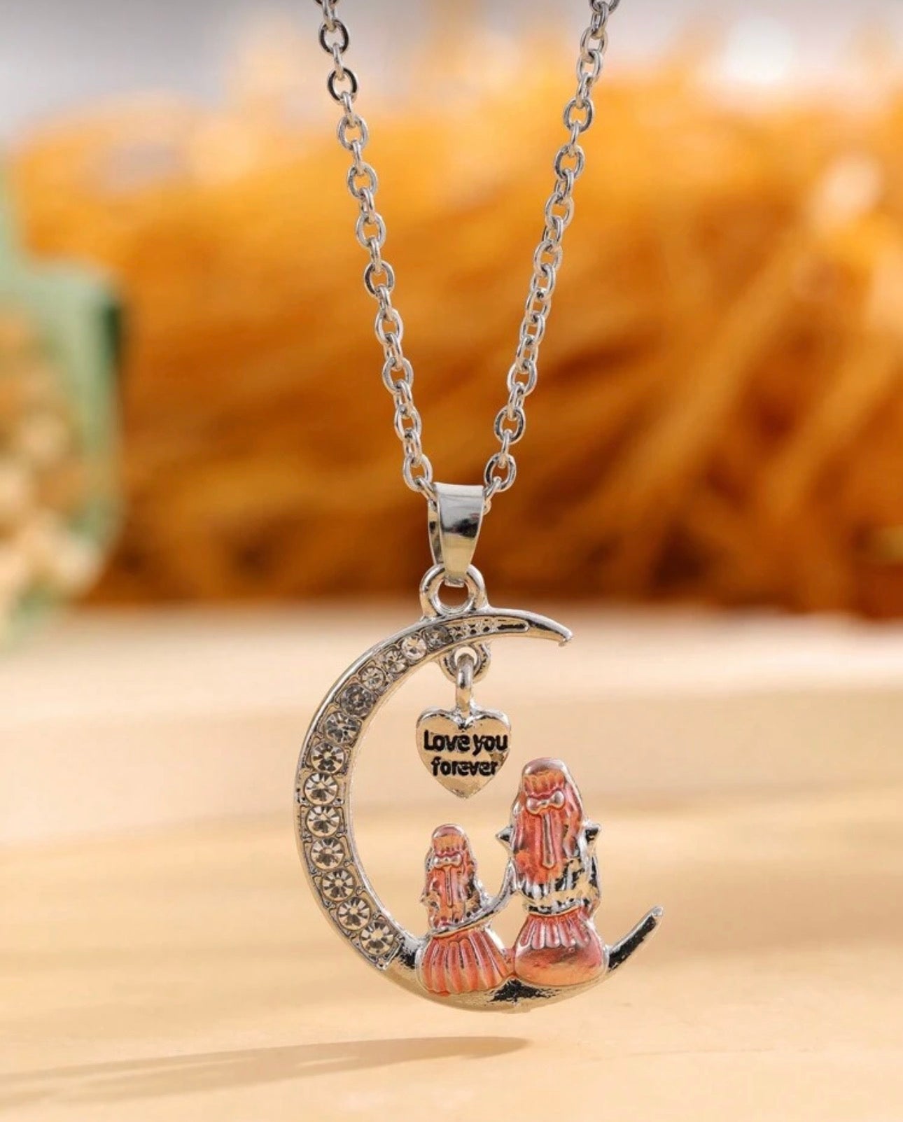 Mother & Daughter Love You Forever Crescent Moon Pendant Necklace