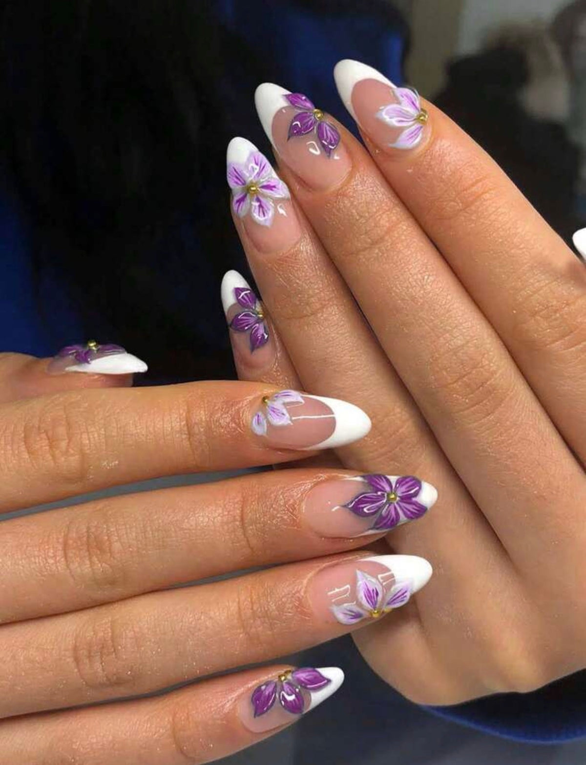 Elegant French Tip Almond Nails with Purple 3D Floral Nail Art