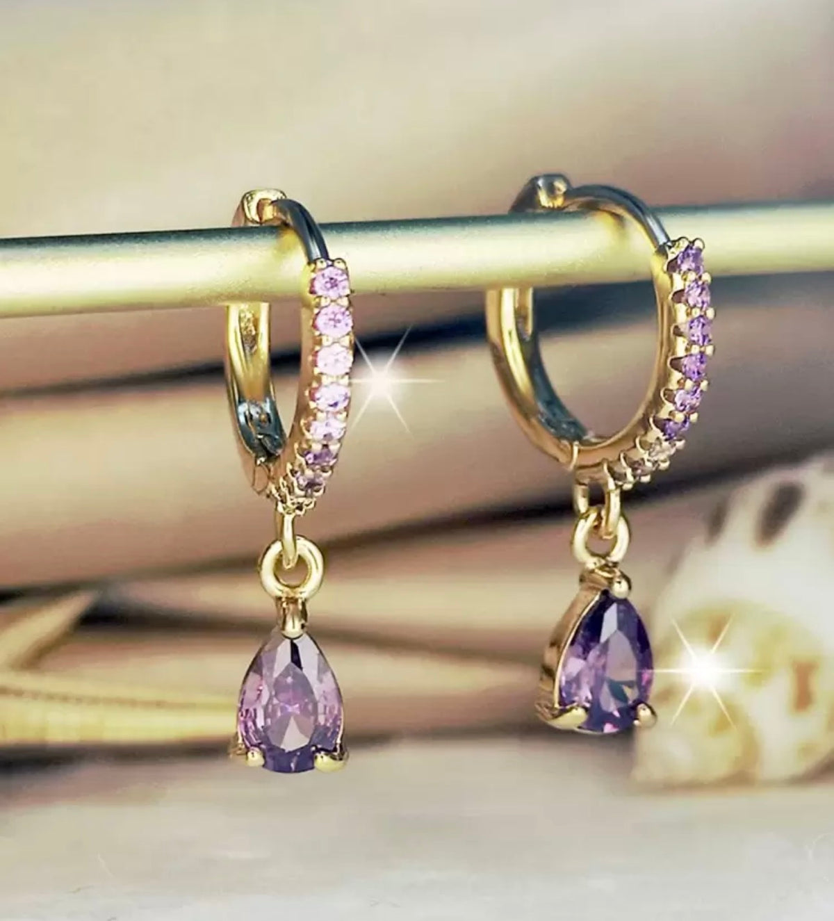 Amethyst Teardrop Huggie Hoop Earrings