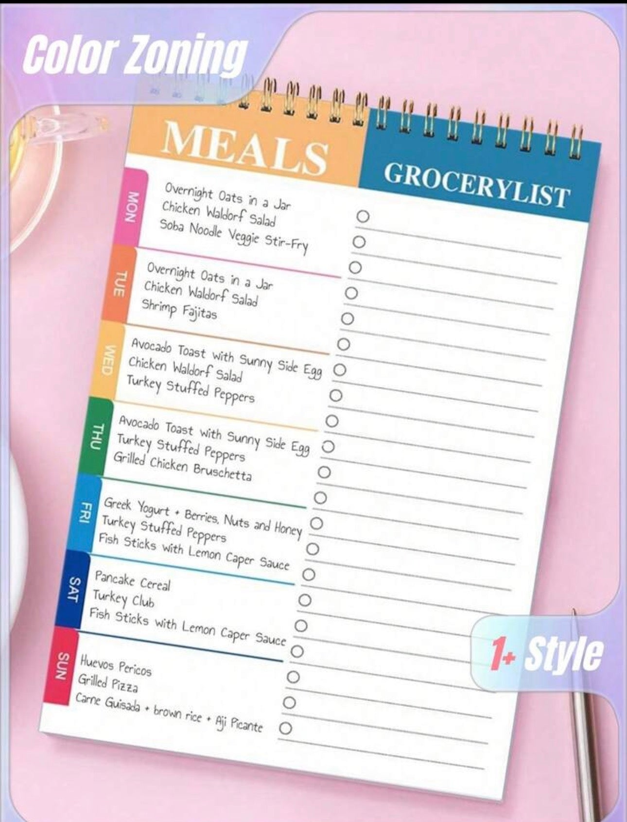 Colour-Zoned Spiral Weekly Meal Planner & Grocery Notepad