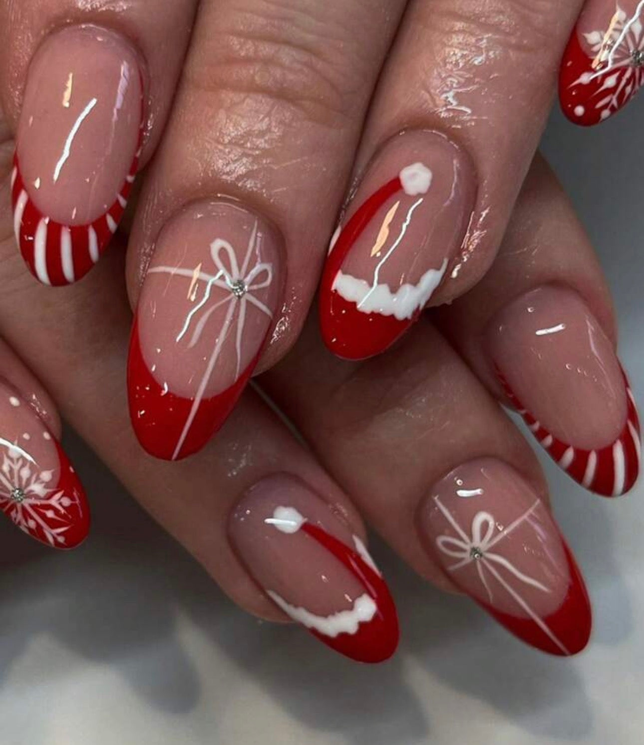 Festive Red French Tip Press-On Nails – Christmas Santa & Ribbon Design