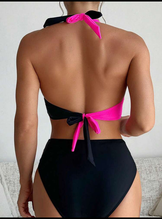 Pink and Black Halter Neck Bikini