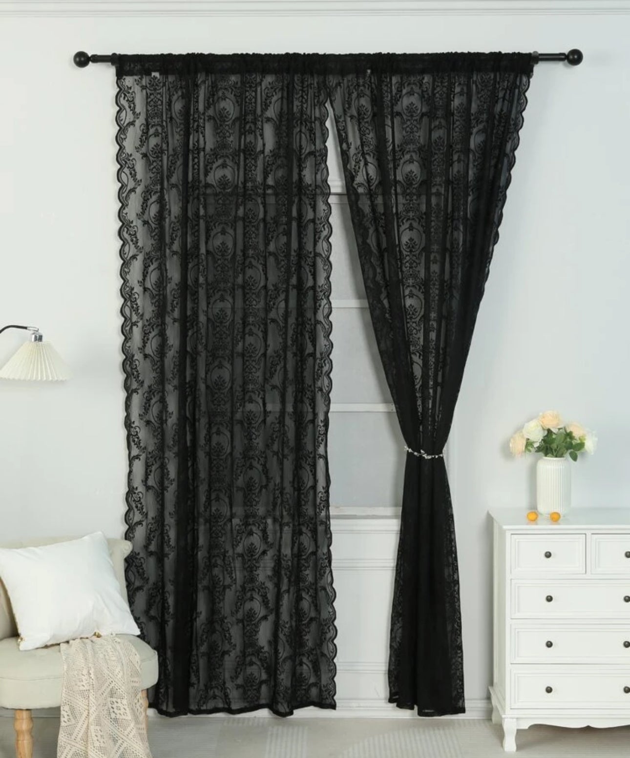 Black Lace Sheer Panel Curtain
