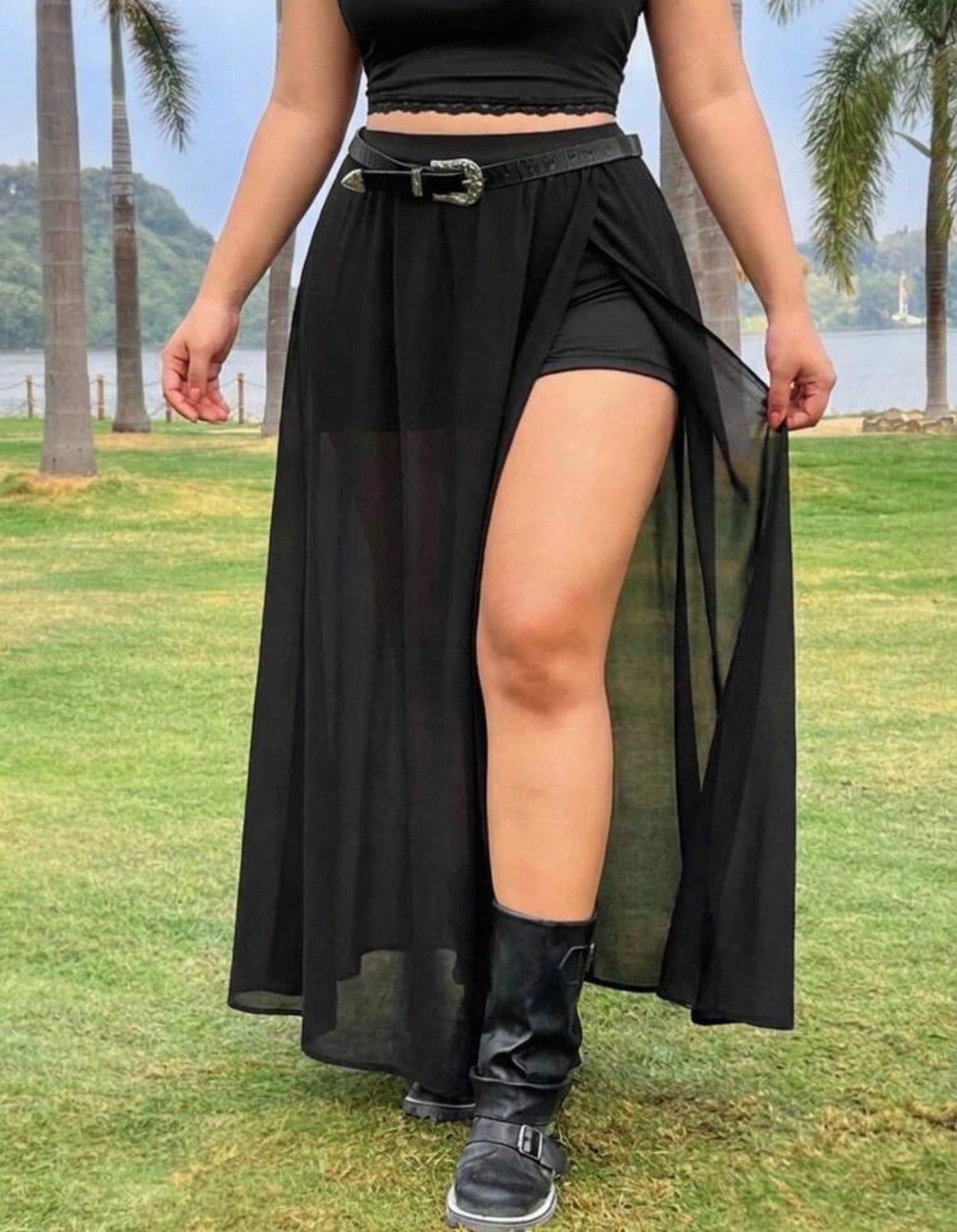 Curve High-Waisted Sheer Chiffon Maxi Skirt with Built-In Shorts & High Side Slit