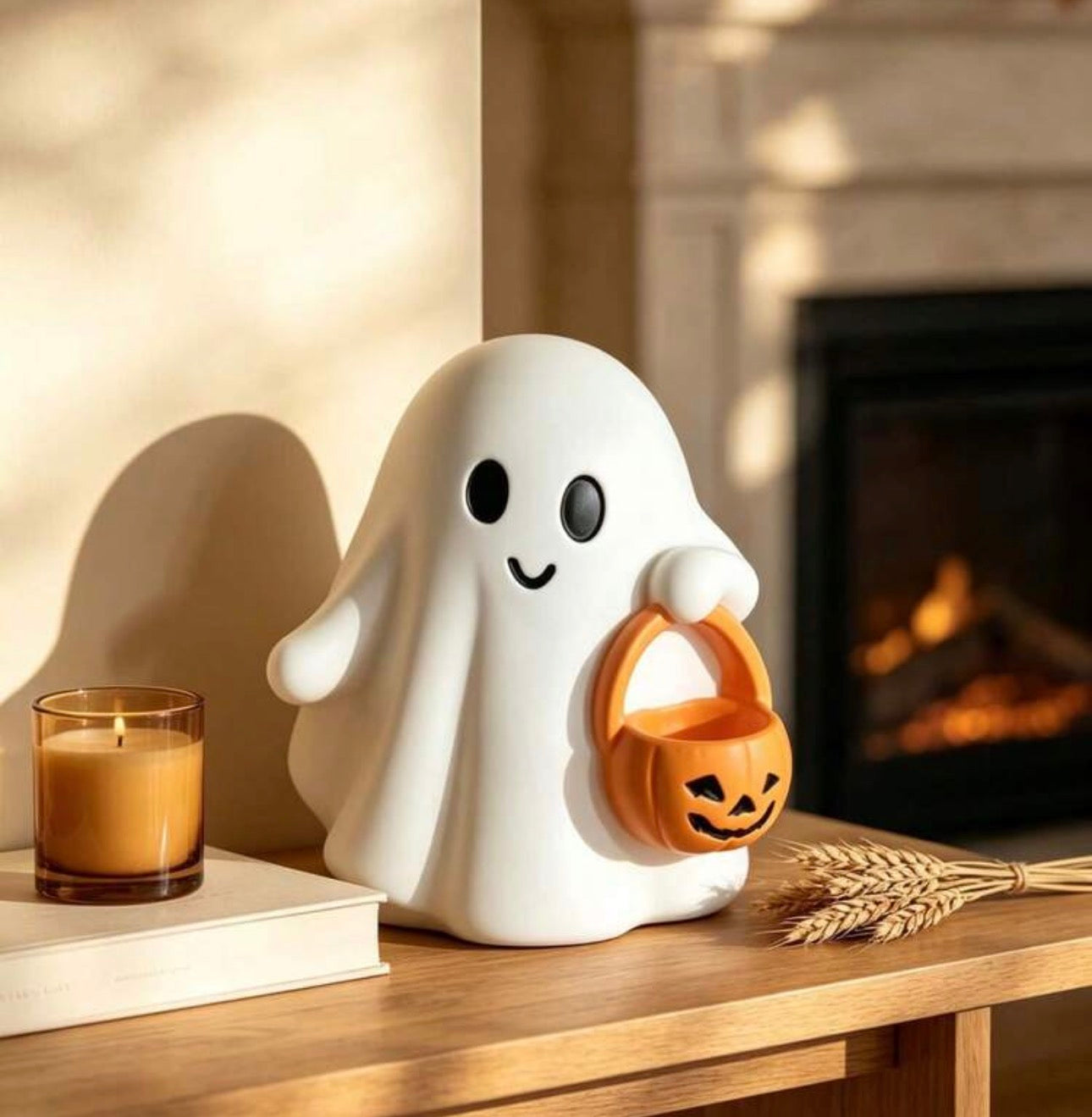 Ceramic Halloween Ghost Figurine with Mini Jack-o'-Lantern