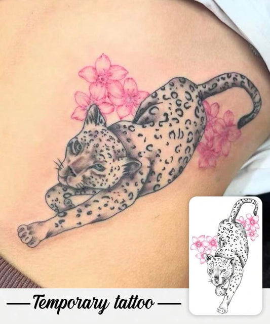 Elegant Leopard & Pink Floral Temporary Tattoo