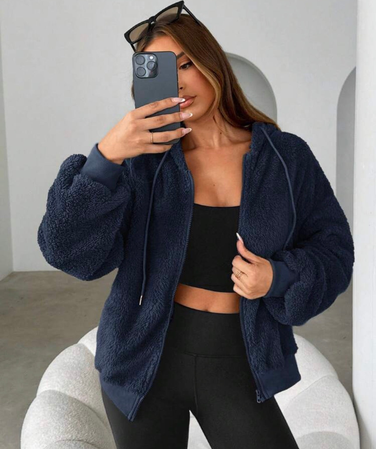 Navy Plush Teddy Zip-Up Hooded Jacket