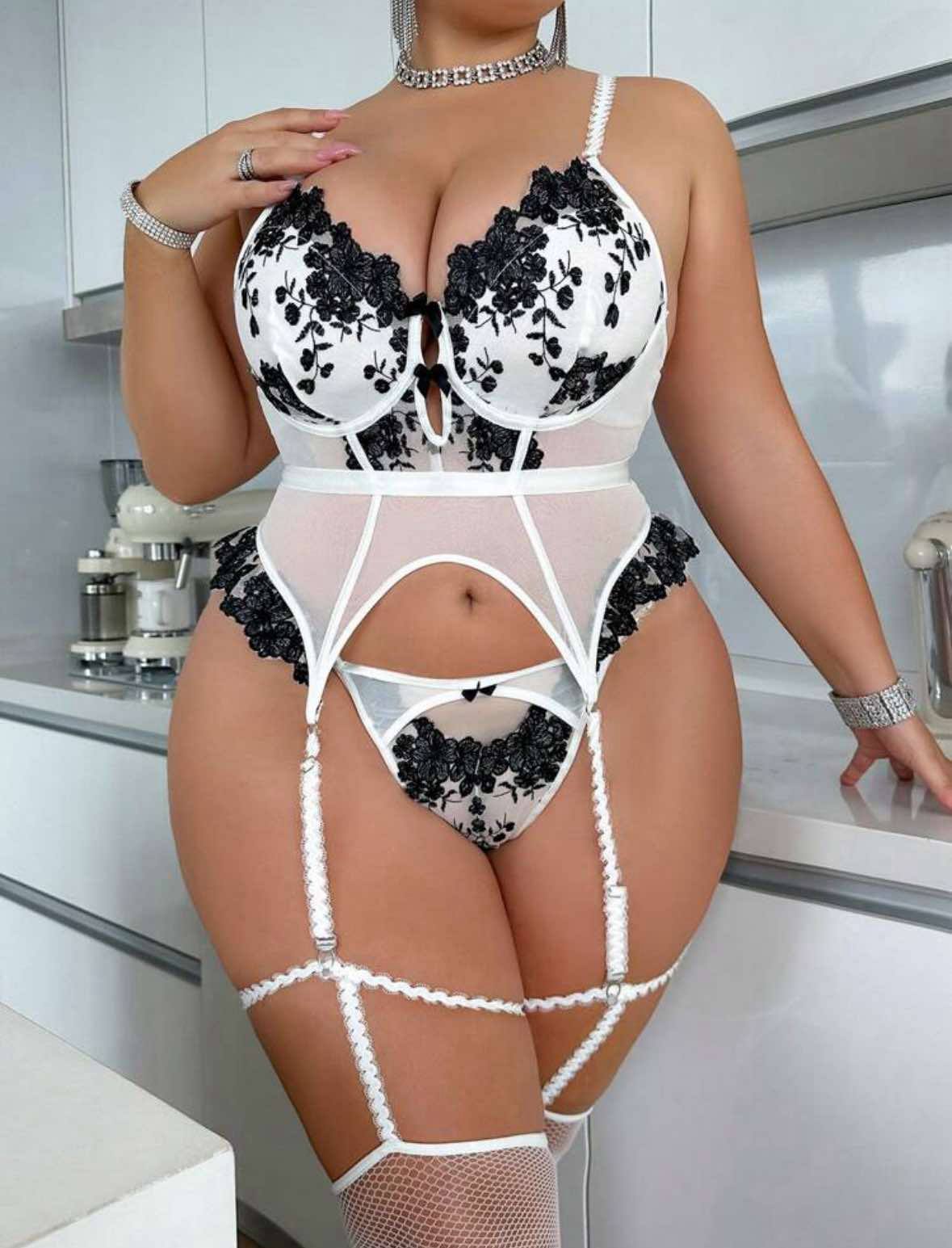 White and Black Floral Lace Set