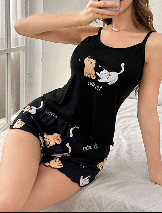 Cute Cat Ruffled Short Set